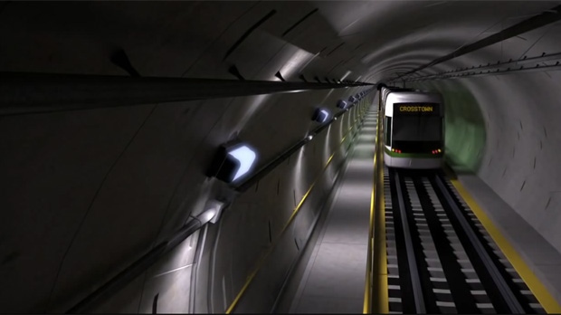 Interpretação artística do planeado Eglinton Crosstown LRT nesta imagem tirada de ecrã. (Divulgação/Metrolinx)