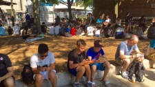 Jogadores de Pokemon GO são vistos no exterior do Jack Layton Ferry Terminal, nesta foto de 2 de agosto. (Cristina Tenaglia / CP24)