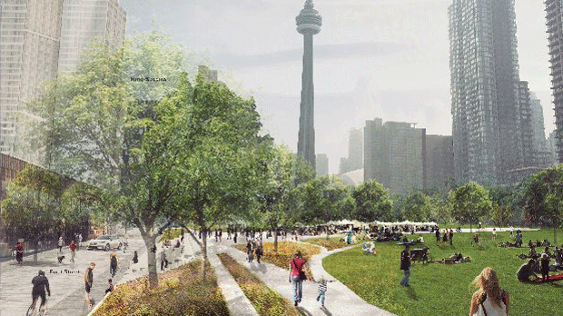 Esta representação mostra um parque que é proposto para uma área no centro da cidade. (Cidade de Toronto)