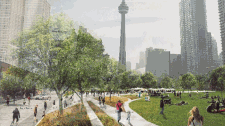 Este desenho mostra um parque que é proposto para uma área acima da atual linha ferroviária que atravessa o centro. (Cidade de Toronto)