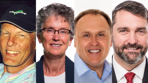 O líder do Partido Verde do Yukon Frank de Jong, a líder do NDP Liz Hanson, o líder do Partido Yukon Darrell Pasloski e o líder Liberal Sandy Silver. (CBC)