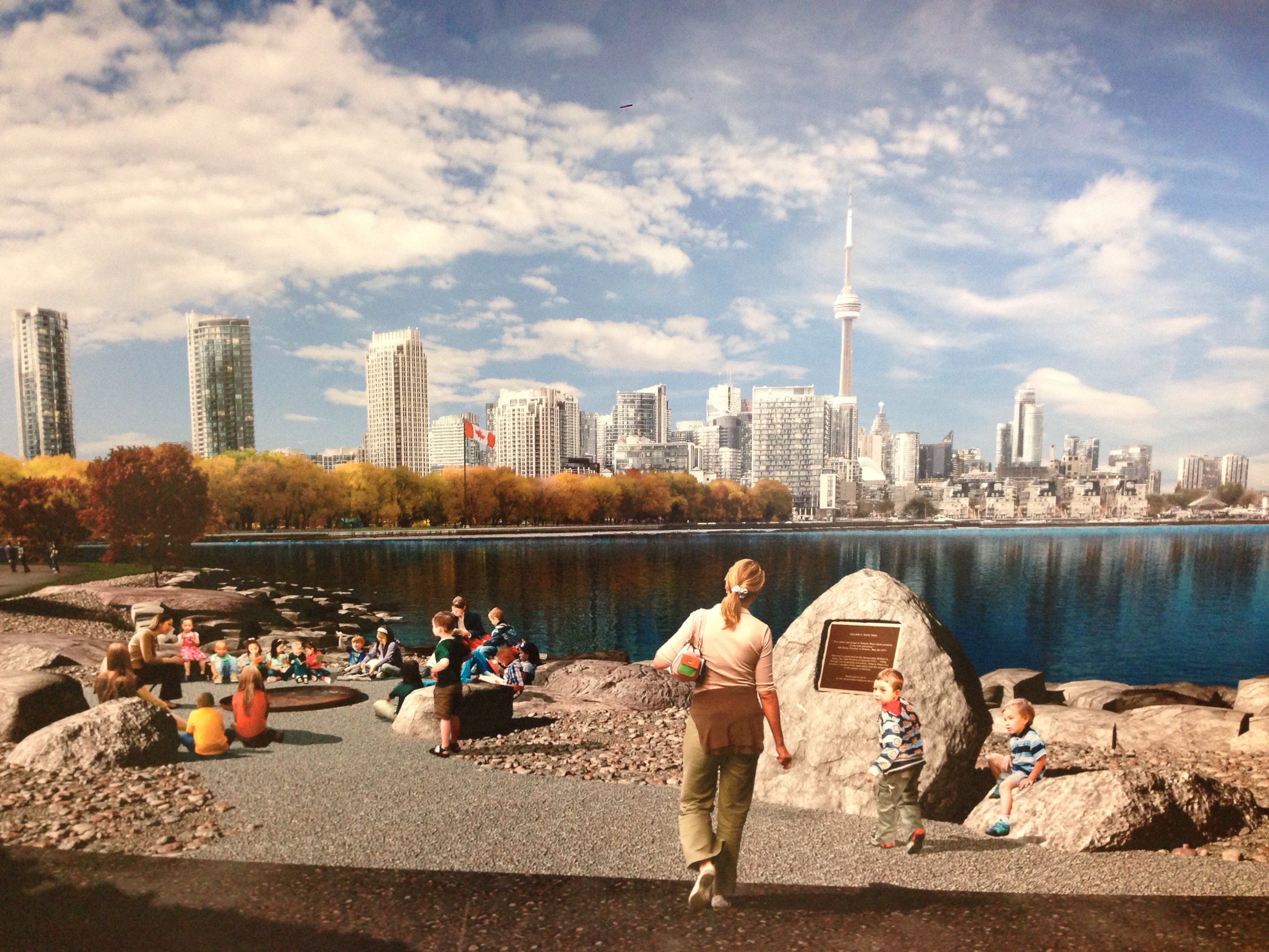 Imagem artística do parque urbano e do William G. Davis Trail no anterior local do Ontario Place - 16 de novembro de 2016
