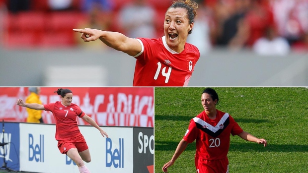 No sentido horário (do topo): Melissa Tancredi, Marie-Ève Nault, e Rhian Wilkinson, do Canadá, anunciaram a sua retirada da equipa nacional na sexta-feira. (Getty Images / Reuters)