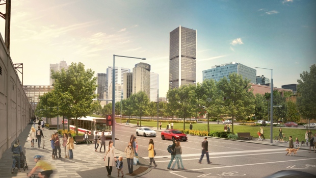 A ciclovia norte-sul tomará o lugar da via reservada a autocarro na Robert-Bourrassa Boulevard, quando o novo metropolitano ligeiro estiver a funcionar. (Cidade de Montreal)
