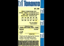 Uma cópia modelo de um bilhete de lotaria de Toronto é mostrada.