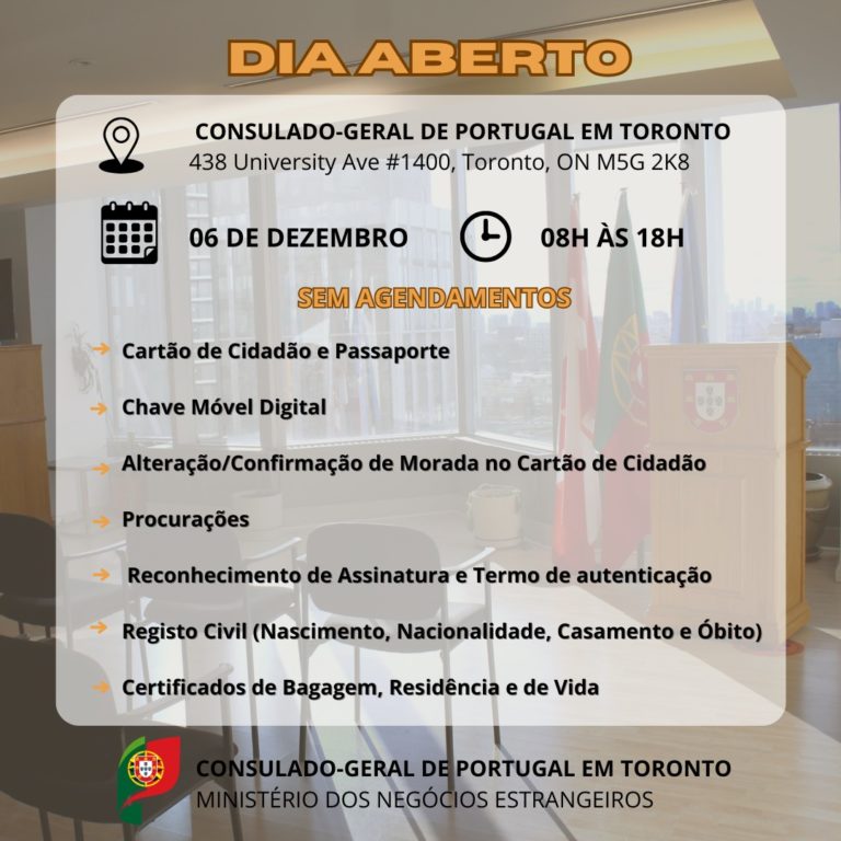 Serviços consulares: Consulado-Geral de Portugal em Toronto sem agendamento a 6 de dezembro