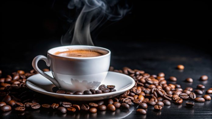 Steaming cup of coffee on a saucer with coffee beans scattered around.