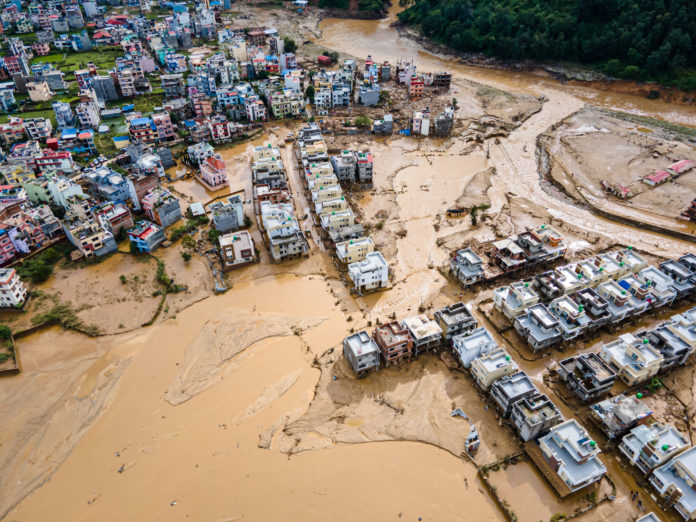 Drone view of the Nakhu River after flooded in Lalitpur, Nepal.