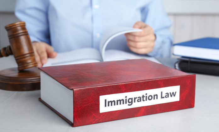 Book with words IMMIGRATION LAW, gavel and blurred person on background